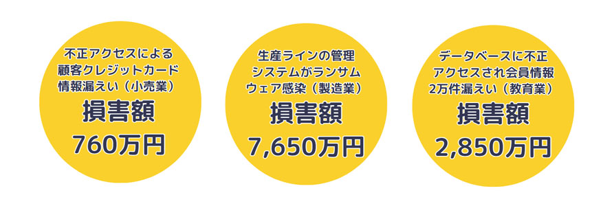 ・小売業　不正アクセスによる顧客クレジットカード情報漏えい　損害額760万円

・教育業　データベースに不正アクセスされ会員情報2万件漏えい　損害額2,850万円

・製造業　生産ラインの管理システムがランサムウェア感染　損害額7,650万円